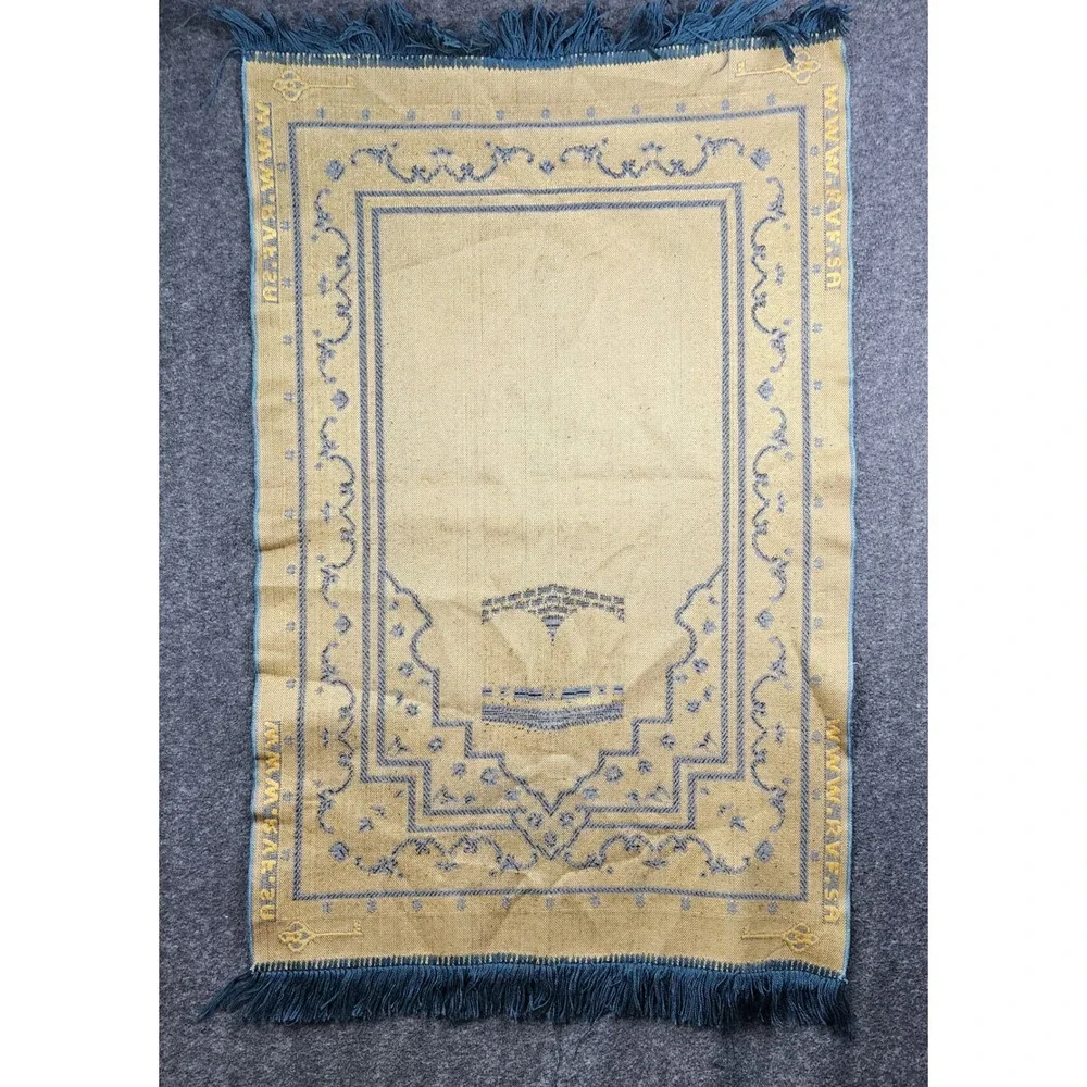 Riyadh Velvet Prayer Rug Musallah 41x27 Blue Gold Kaaba Motif Saudi Arabia‎